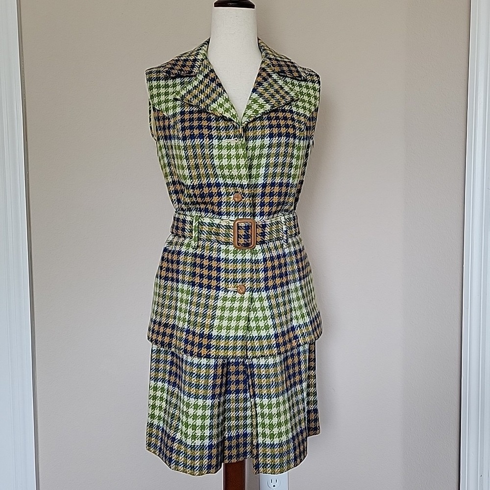 Vintage Womens 2 Piece Skirt Set XS Houndstooth 60s 70s Mod Career Hippie READ
